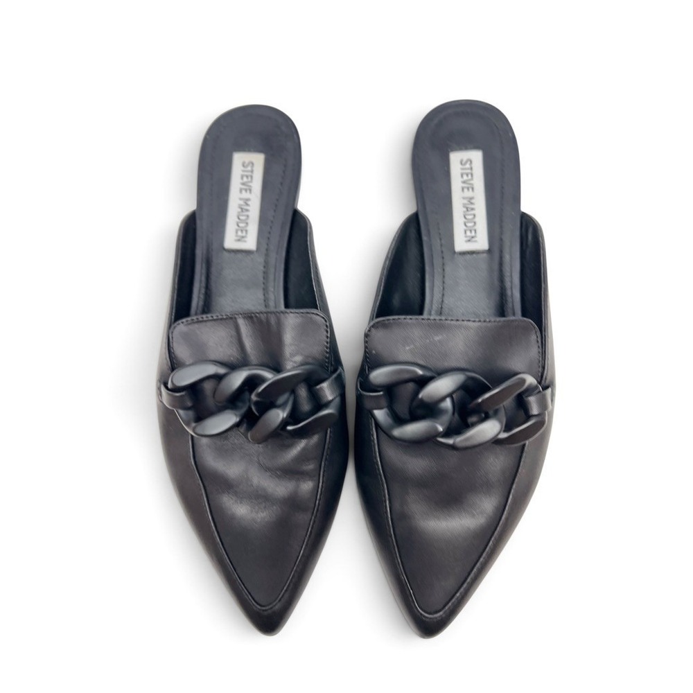 Steve Madden Faine Black Leather Chain Pointed Toe Mule Flats Women 8M